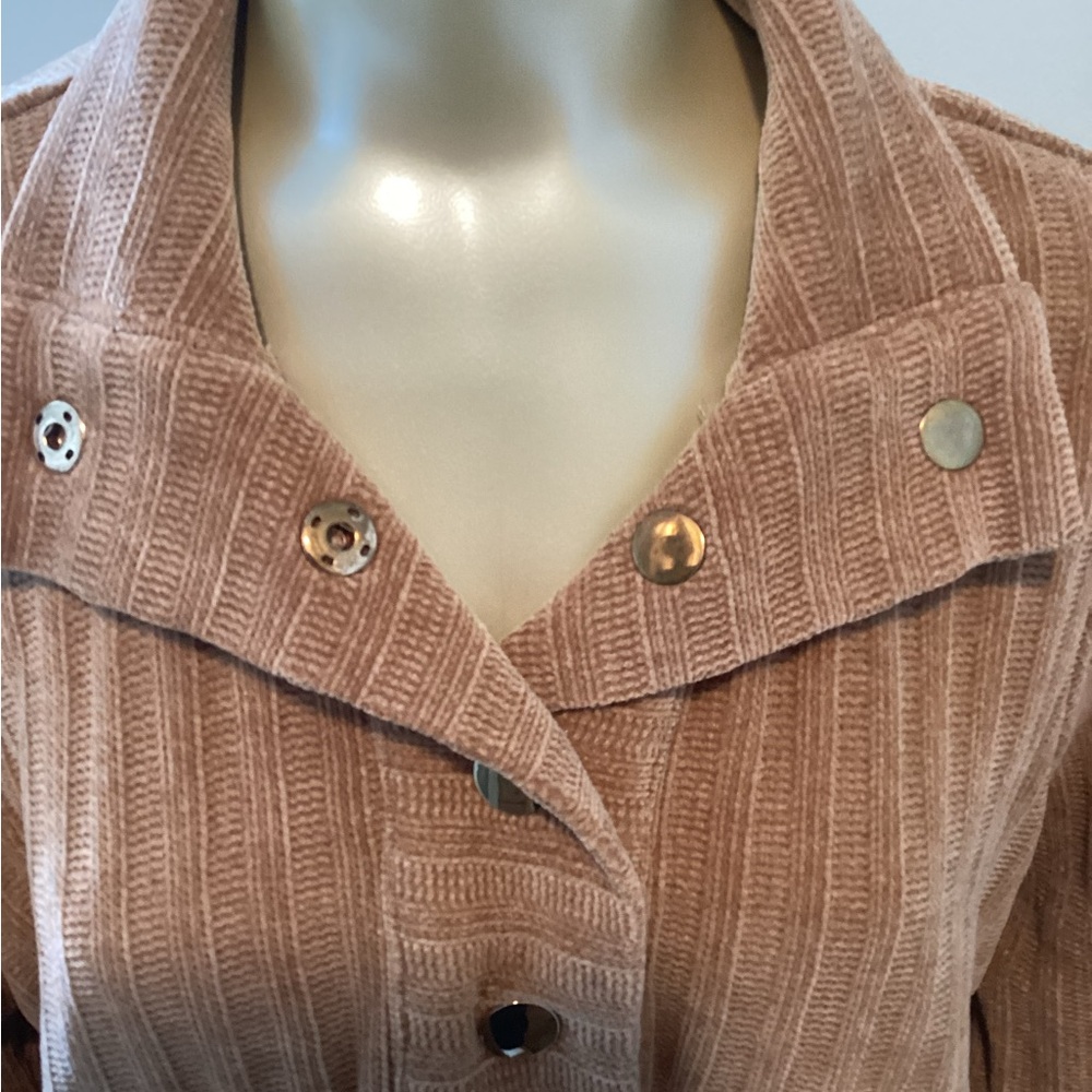 Ruby Rd. Tan Ribbed V-Neck Sweater with Snap Placket - Picture 2 of 3